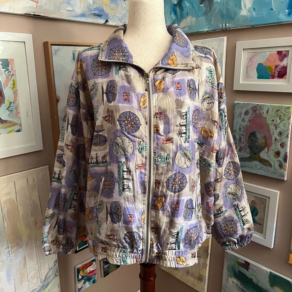 Vintage EVR Silk Nautical Print Artsy 80s 90s Bomber‎ Jacket Coastal Eclectic L